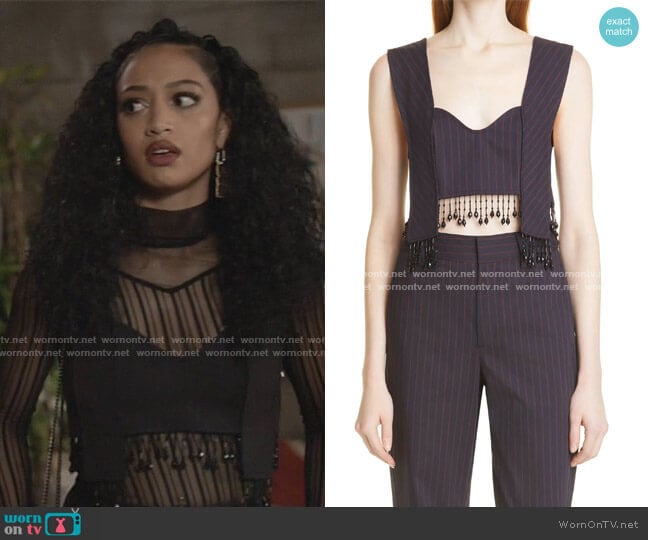 Pinstripe Beaded Fringe Crop Camisole and Pants by Ganni worn by Olivia Baker (Samantha Logan) on All American