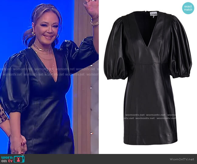 Leather mini dress by Ganni worn by Leah Remini on The Wendy Williams Show