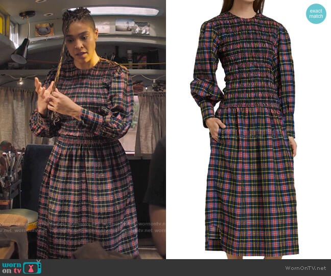 Ganni Plaid Smocked Maxi Dress worn by Mikaela Danso (Lucy Barrett) on Charmed