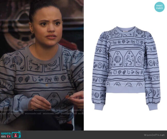 Ganni Lilla Software Graphic Sweatshirt worn by Maggie Vera (Sarah Jeffery) on Charmed