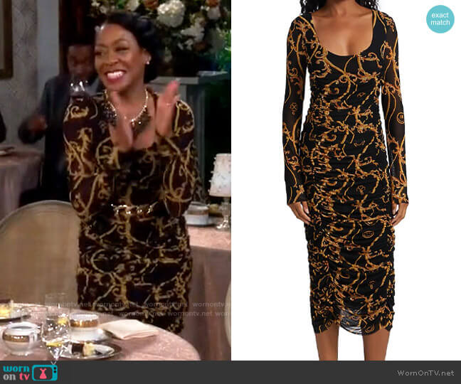 Ganni Rope Print Ruched Midi Dress worn by Tina Butler (Tichina Arnold) on The Neighborhood