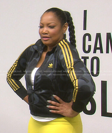Garcelle's black and yellow Adidas track jacket on The Real Housewives of Beverly Hills