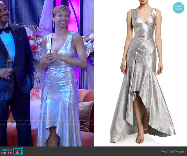 Galvan Releve Metallic Satin High-Low Gown worn by Elena Dawson (Brytni Sarpy) on The Young and the Restless