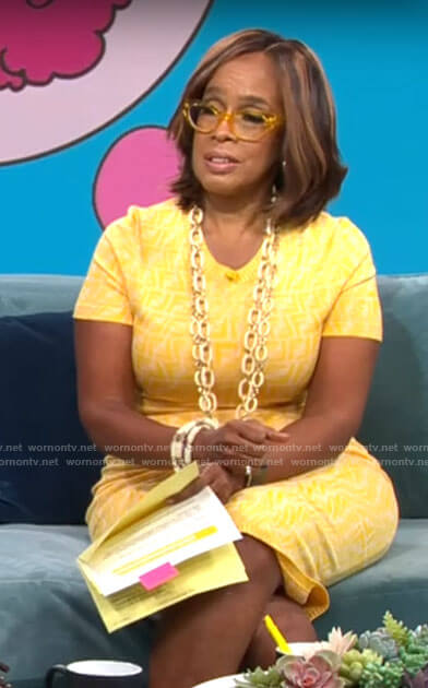 Gayle King’s yellow monogram print dress on CBS Mornings