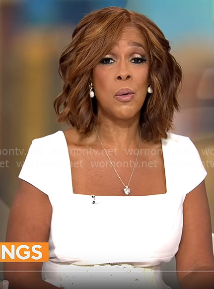 Gayle King's white square neck dress on CBS Mornings