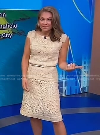 Ginger’s beige textured top and skirt on Good Morning America