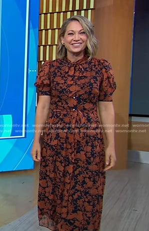 Ginger's navy and orange floral tie neck dress on Good Morning America