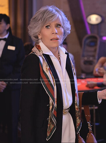 Grace's striped floral scarf and belt on Grace and Frankie