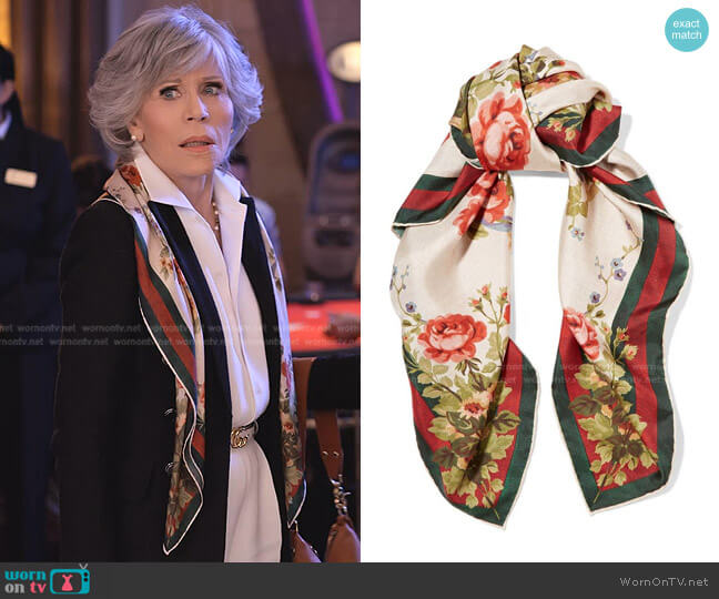 Adonis Floral-Print Silk-Twill Scarf by Gucci worn by Grace (Jane Fonda) on Grace & Frankie