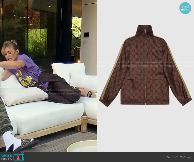 GG Supreme Print Silk Zip-Up Jacket by Gucci worn by Diana Jenkins on The Real Housewives of Beverly Hills