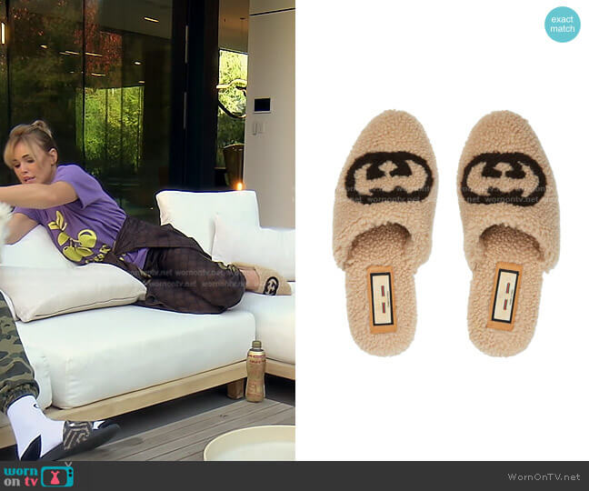 Interlocking G Shearling Flat Slippers by Gucci worn by Diana Jenkins on The Real Housewives of Beverly Hills