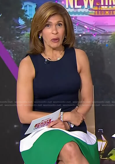 Hoda’s navy and green colorblock dress on Today