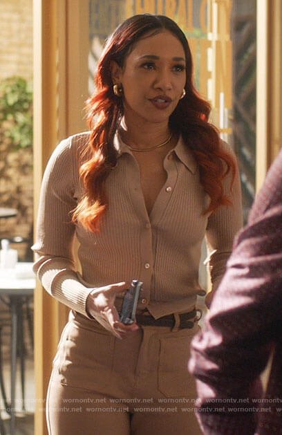Iris’s beige cardigan and pants on The Flash