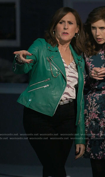 Jackie's green leather moto jacket on I Love That For You
