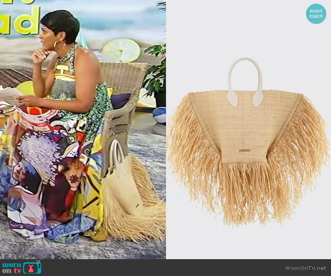 Le Baci Fringed Straw Tote Bag by Jacquemus worn by Tamron Hall  on Tamron Hall Show