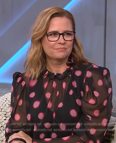 Jenna Fischer's black polka dot blouse on The Kelly Clarkson Show