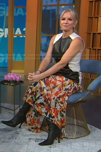 Jennifer’s colorblock leather top and floral skirt on Good Morning America