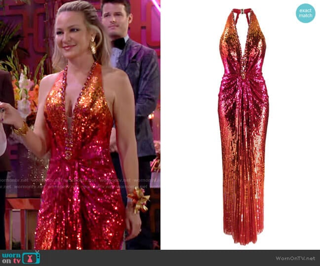 Jenny Packham The World Is Not Enough sequinned halter-neck dress worn by Sharon Newman (Sharon Case) on The Young and the Restless