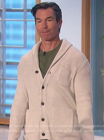 Jerry’s white ribbed cardigan on The Talk