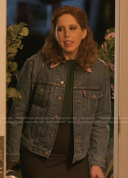 Joanna's denim jacket with pink corduroy collar on I Love That For You