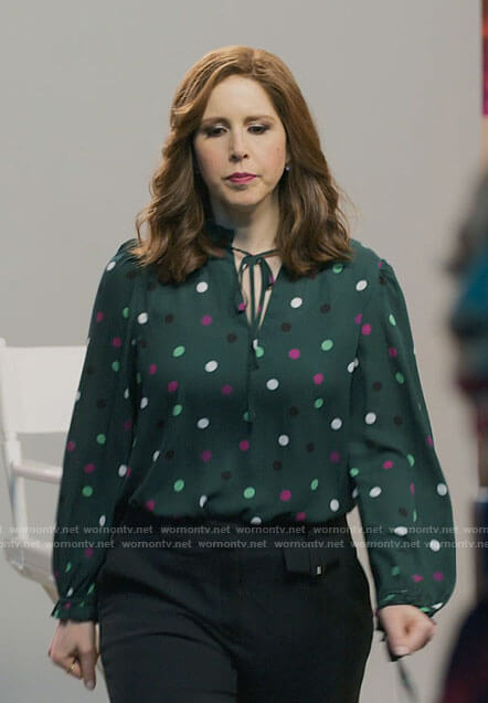 Joanna's green polka dot blouse on I Love That For You