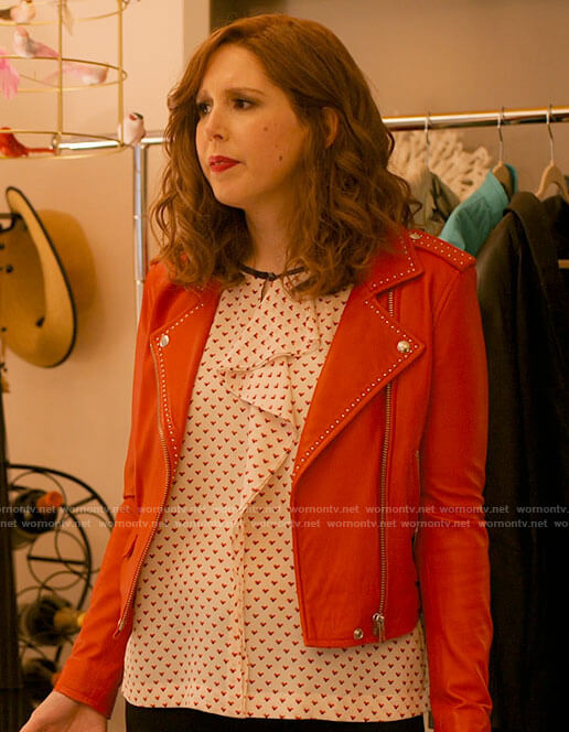 Joanna’s heart print ruffled top and red studded leather jacket on I Love That For You