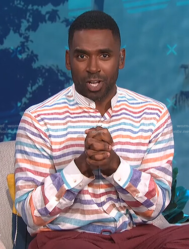 Justin's multicolor striped shirt on E! News Daily Pop