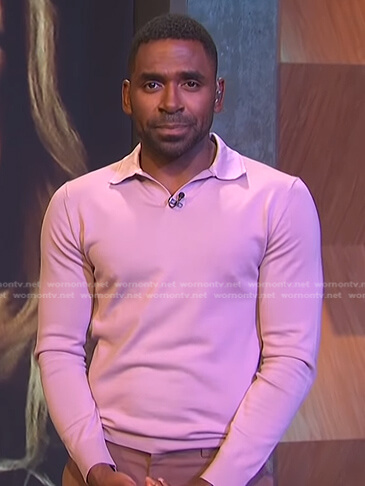 Justin's pink long sleeve polo shirt on E! News Daily Pop