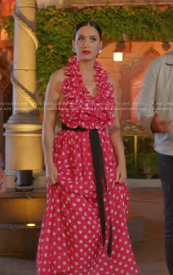 Katy's pink polka dot ruffled maxi dress on American Idol