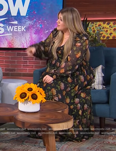 Kelly’s black floral print wrap maxi dress on The Kelly Clarkson Show