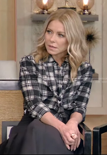 Kelly’s black plaid blouse and midi skirt on Live with Kelly and Ryan