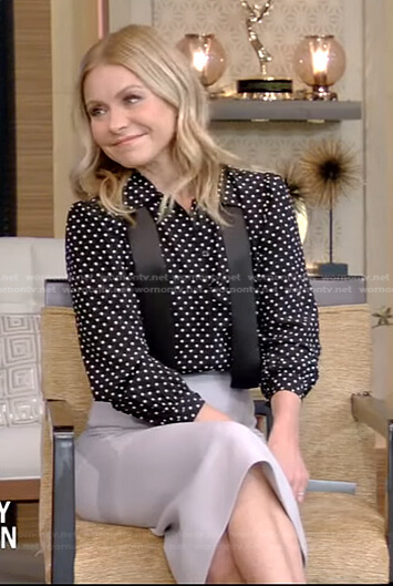 Kelly’s black polka dot blouse with satin tie on Live with Kelly and Ryan