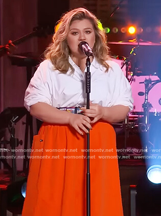 Kelly's orange skirt and embroidered belt on The Kelly Clarkson Show