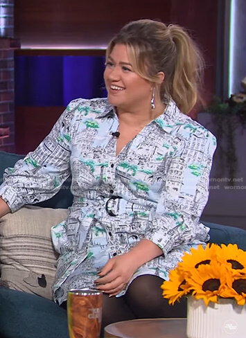 Kelly's Paris print belted shirtdress on The Kelly Clarkson Show