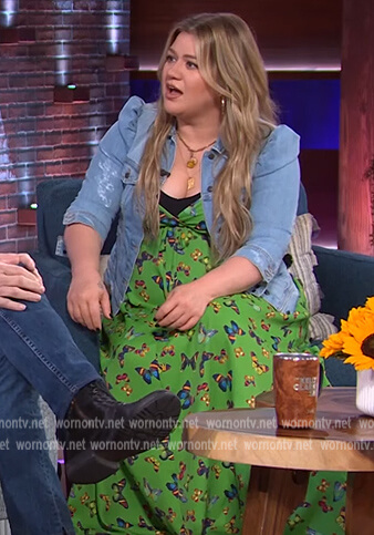 Kelly's green butterfly print dress and denim jacket on The Kelly Clarkson Show