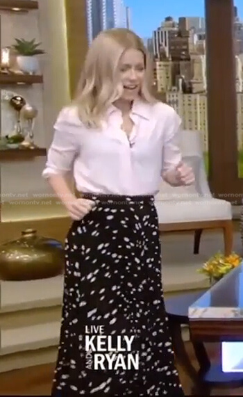 Kelly's pink blouse and black print skirt on Live with Kelly and Ryan