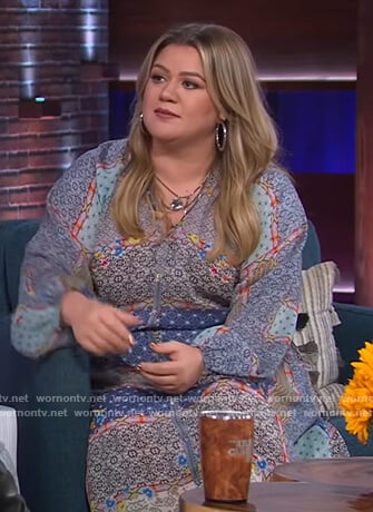 Kelly's blue patchwork print maxi dress on The Kelly Clarkson Show