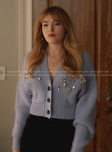 Kirby's blue embellished cropped cardigan on Dynasty