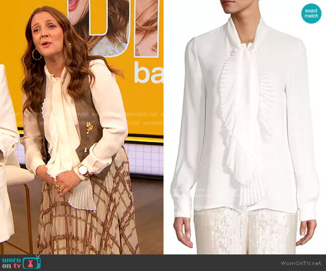 Bates Pleated Neckline Silk Blouse by Lafayette 148 worn by Drew Barrymore on The Drew Barrymore Show