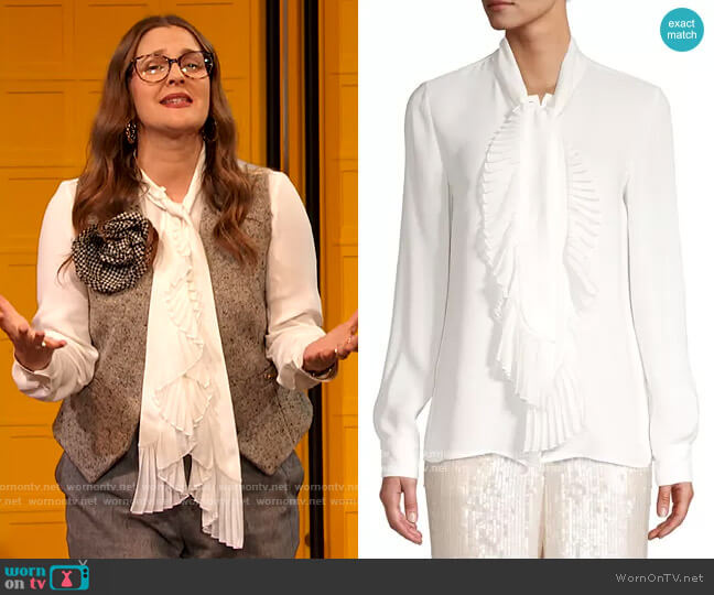 Bates Pleated Neckline Silk Blouse by Lafayette 148 New York worn by Drew Barrymore  on The Drew Barrymore Show
