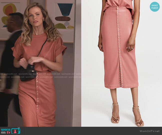 Faux Leather Snap Front Midi Skirt by Lapointe worn by Mallory (Brooklyn Decker) on Grace & Frankie