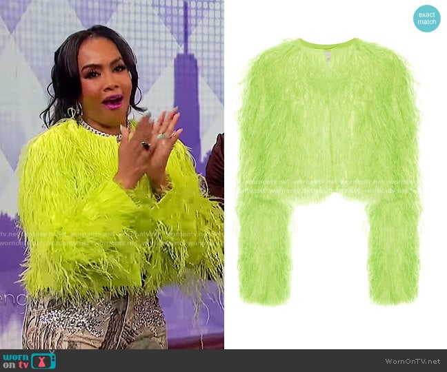 Cropped Feather Bomber by Lapointe worn by Vivica Fox on The Wendy Williams Show