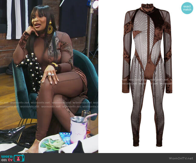 Abstract semi-sheer full-length catsuit by LaQuan Smith worn by Marlo Hampton on The Real Housewives of Atlanta