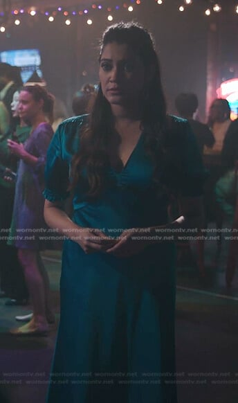 Leela’s teal v-neck satin dress on The Resident