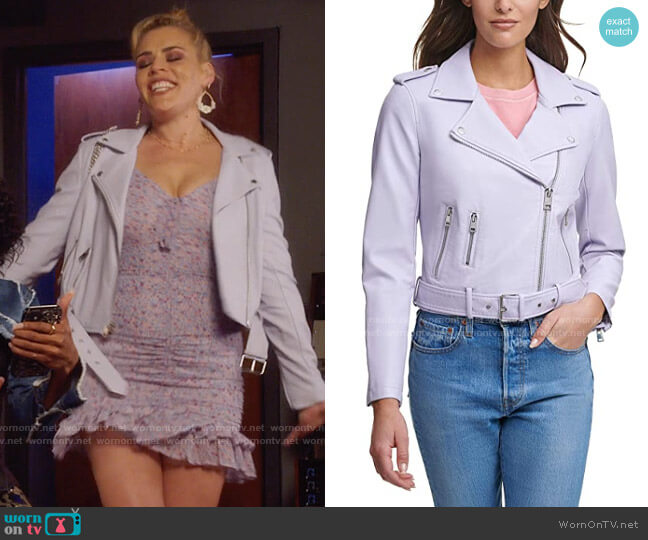 Levis Faux Leather Moto Jacket in Lilac worn by Summer Dutkowsky (Busy Philipps) on Girls5eva