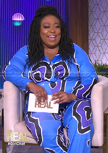 Loni’s blue abstract print jumpsuit on The Real