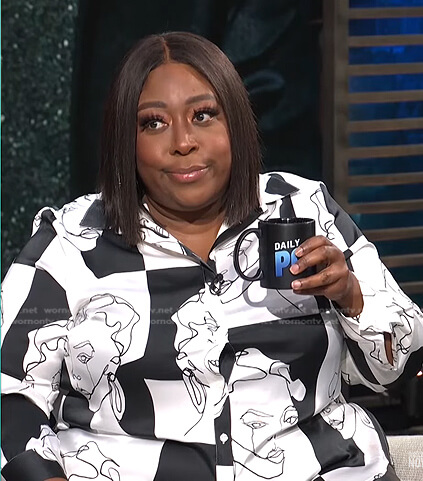 Loni's black and white face print shirt on E! News Daily Pop