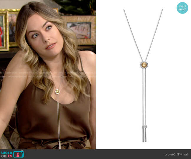 Lucky Brand Two-Tone Hematite-Pavé & Chain Tassel Reversible Lariat Necklace worn by Hope Logan (Annika Noelle) on The Bold and the Beautiful