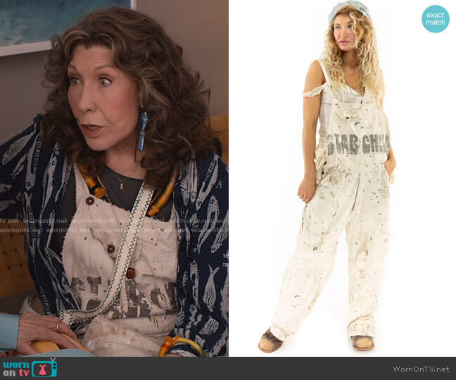 Star Child Overalls by Magnolia Pearl worn by Frankie (Lily Tomlin) on Grace & Frankie