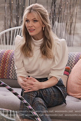 Mallories blue plaid belted pants on Grace and Frankie